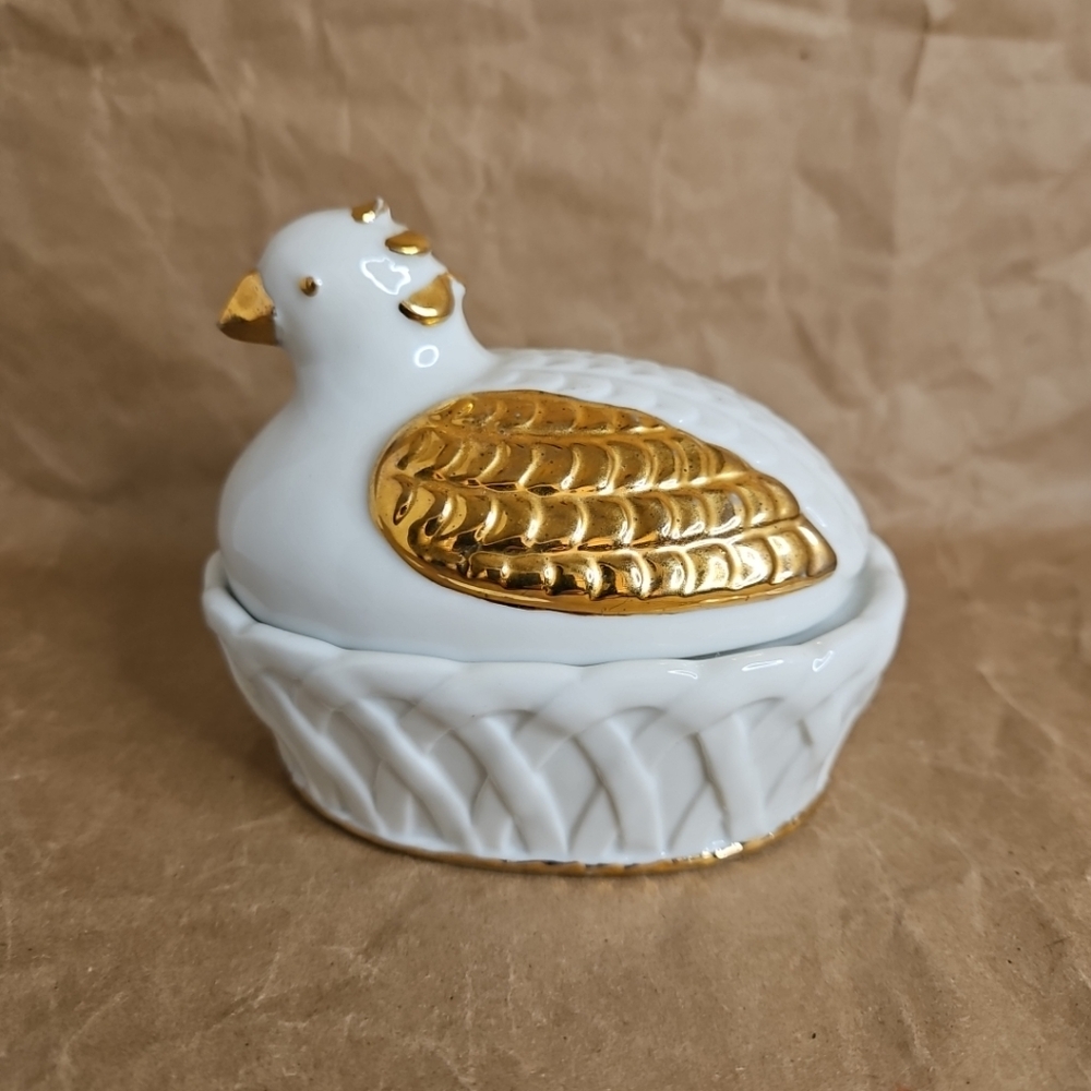 Enesco Partridge or Dove Porcelain Trinket Box Dish & Lid White  With 18k...